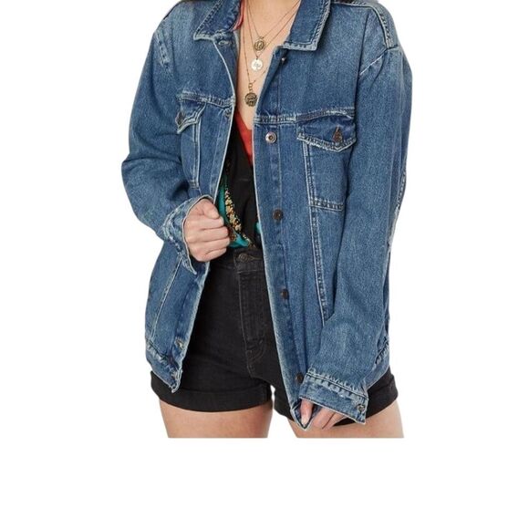 Free People Ramona Distressed Western Vintage Denim Trucker Jacket Lrg Southbank - Picture 4 of 16